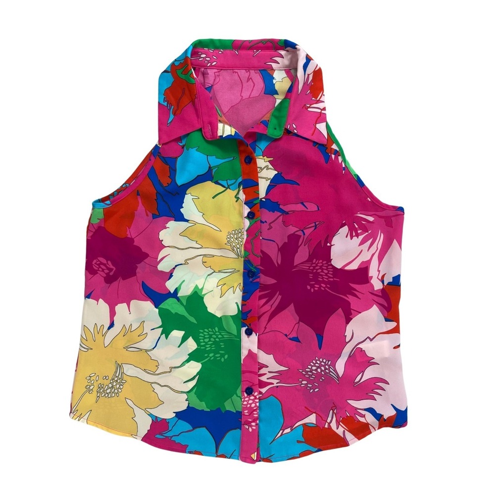 Women Sleeveless Floral Button Top Bright Multicolor Large Tropical Art to Wear